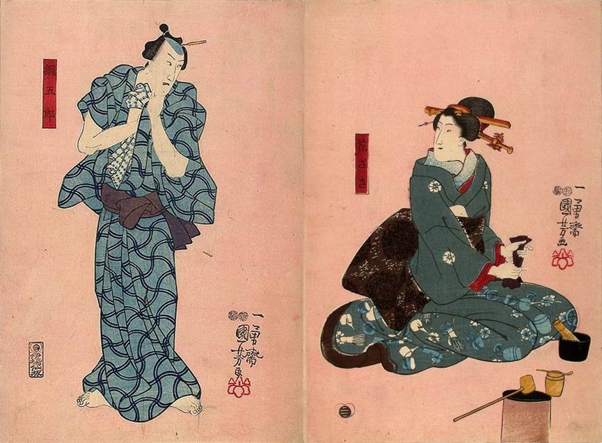 川村一楽 狂言画（弐） 「九十九までは留守とこたえよ」 三代目中村歌右衛門の秋月大ぜん、二代目市川鰕十郎の鍛冶団九郎